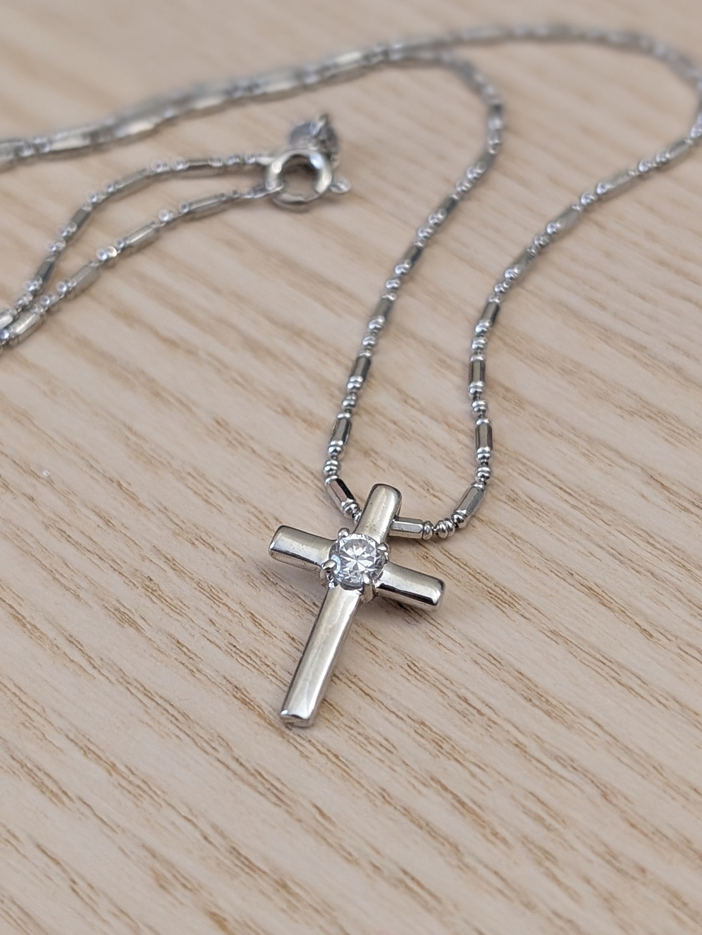 Sterling Silver Cross Necklace with Clear Stone Pendant - Women Jewelry